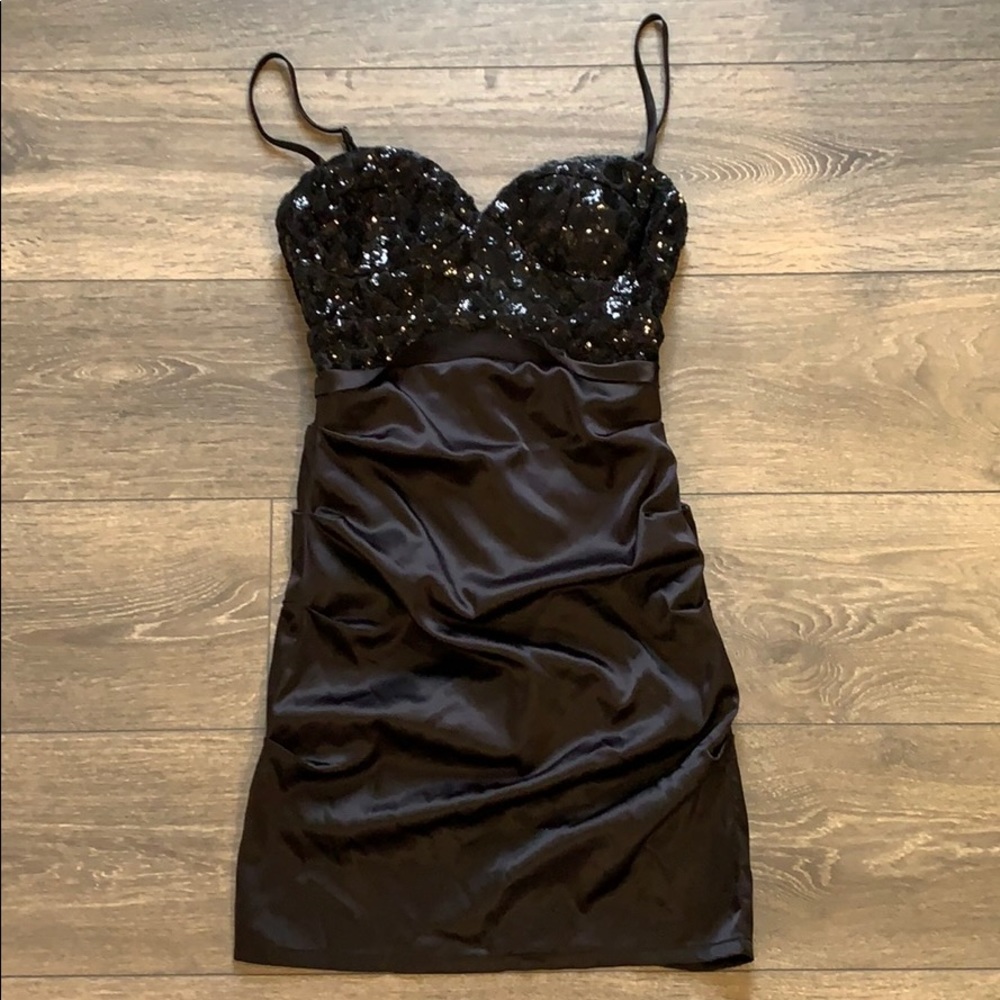 Sequin top spaghetti strap satin cocktail dress